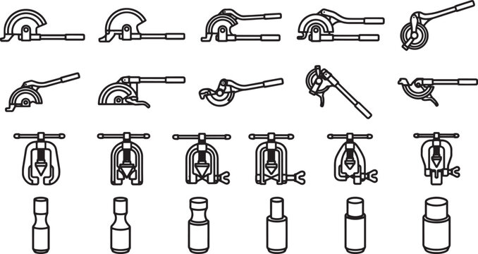A set of illustrations detailing an assortment of various pipe bender tools, rendered in a simple monochrome style, highlighting their unique designs and functional applications. 