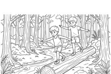 Naklejka premium Two young boys balancing on fallen log crossing forest stream coloring page for children.