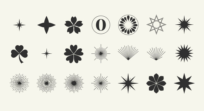 Elegant Collection of Minimalist Vector Graphic Elements Featuring Celestial Stars, Stylized Floral Designs, and Diverse Geometric Shapes