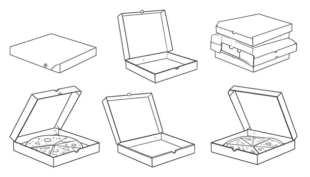 Line drawing showing various stages of pizza box assembly and food placement
