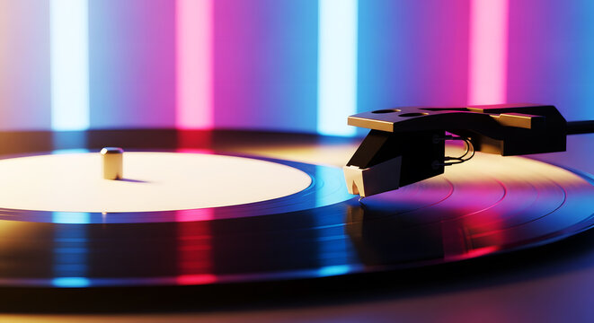 Close up of record player needle on vinyl disc with neon pink and blue light bars