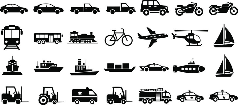 Transportation silhouette icon set featuring cars trains ships aircraft bicycle and industrial vehicles for travel logistics and mobility design