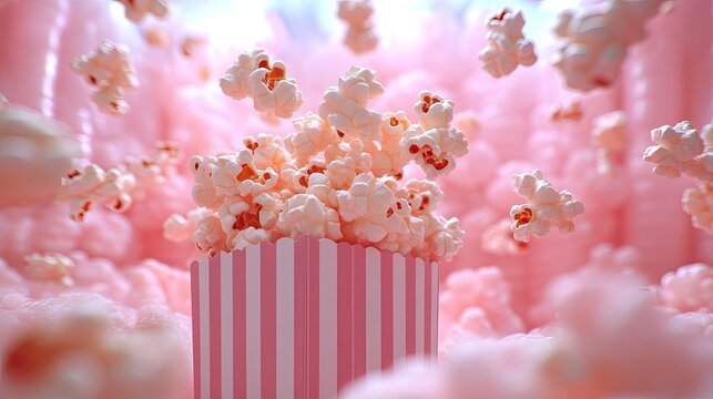 Popcorn in pink striped box, with pink fluffy background and flying popcorn. Use for movie night promos, snack ads, or cozy home entertainment themes.