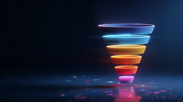 Abstract illustration of data flow shown by colorful funnel visualizations