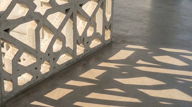 Warm sunlight casting intricate geometric shadows through a decorative concrete breeze block wall onto a smooth minimalist floor