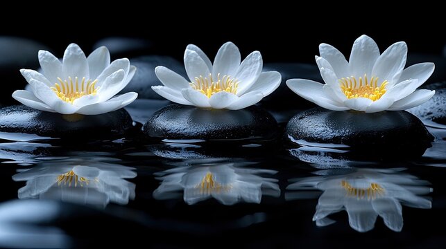 Three water lilies on black stones reflected in the dark water. Great image for relaxation, zen, wellness, or spa concepts.