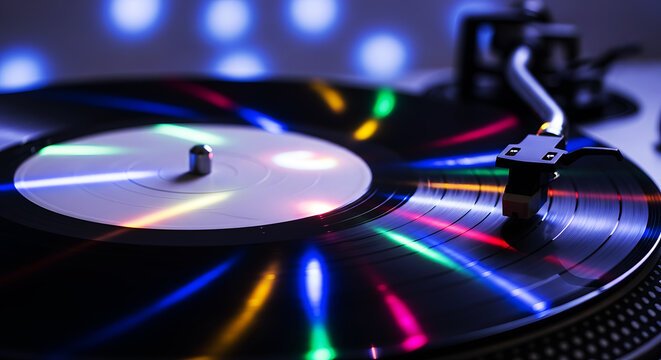 Vinyl record spinning on turntable with colorful neon light reflections and blue bokeh