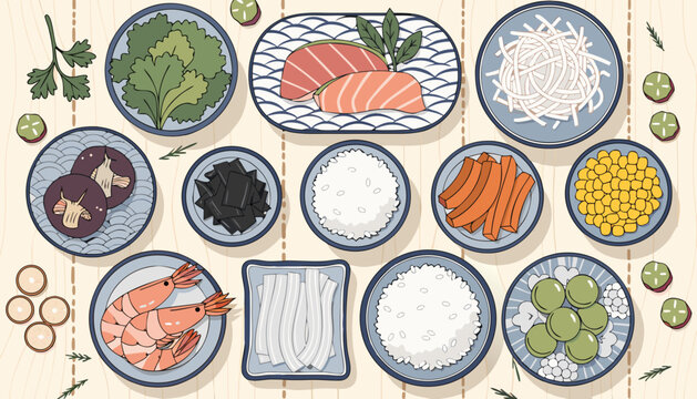 A colorful vector illustration of various sushi ingredients and dishes on a wooden table
