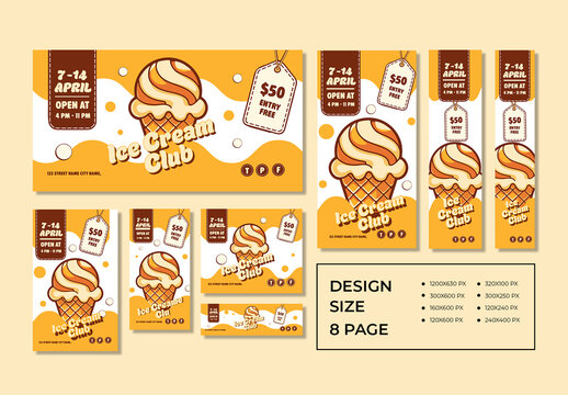 Ice Cream Club Event Banner Set with Retro Style Sundae Illustration and Price Tag