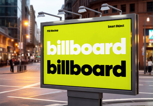 Horizontal Billboard Mockup on City Street with Night Lighting and Urban Background