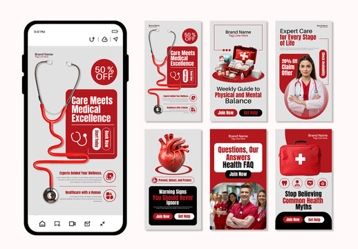Medical Healthcare Social Media Story Template Set with Red Theme