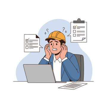 Vector illustration of a young man in a yellow hard hat and blue jacket sitting at a desk with a laptop, looking stressed and panicked by complex checklists and project tasks.