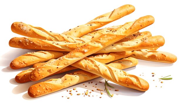 A pile of freshly baked, crispy breadsticks on a white background