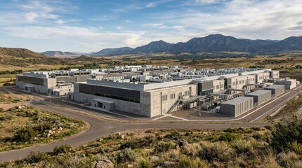 Obraz premium Aerial view of modern industrial data center complex in mountainous rural landscape with cloudy sky