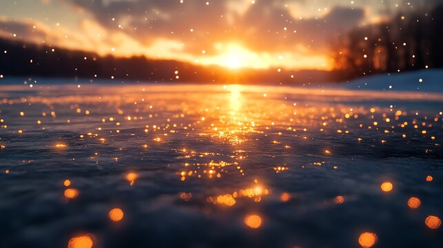 A mesmerizing twilight landscape with luminous reflections on a winter surface
