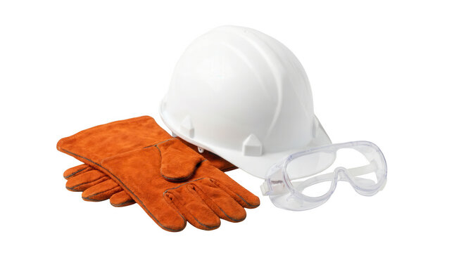 White hard hat orange gloves and safety goggles isolate on transplant background