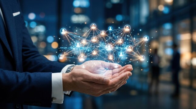 Businessman holding glowing digital social network graph in hands; concept for global business communication, human resources, networking, and team management in blurred night office background.