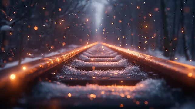 Illuminated wintry railroad scene evokes enchanting journey through snowy landscape