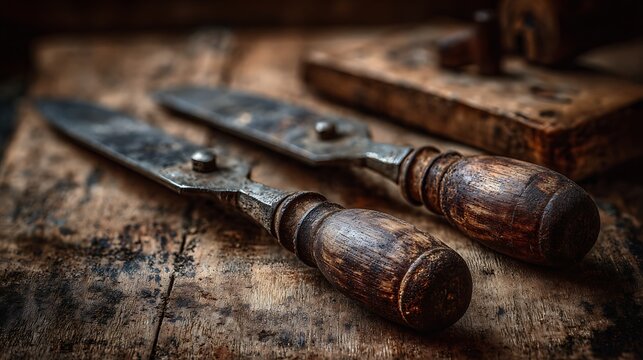 An antique steel hunting knife with a vintage brass handle rests on a weathered wooden surface near a metal bullet and old equipment tools