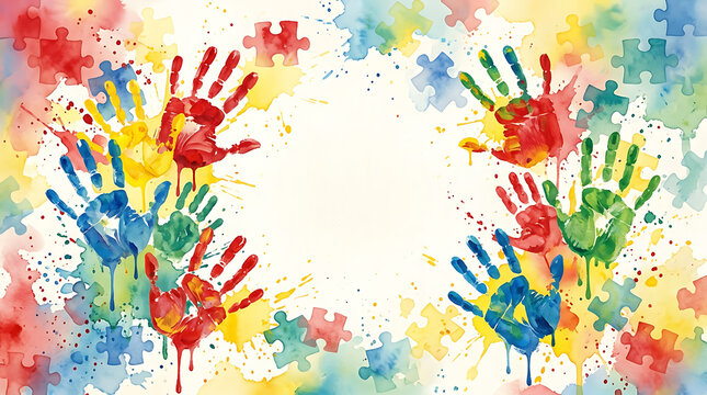 Watercolor handprints and puzzle pieces on white background.