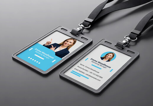 Professional ID Badge Mockup with Lanyard on Gray Background