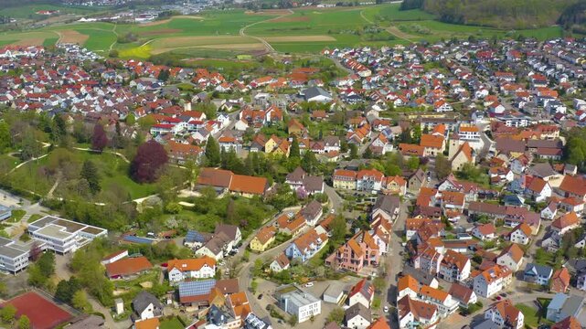 Aerial view of the city Essingen in Germany on a sunny spring day 