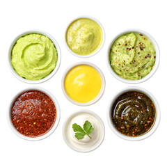 Obraz premium Assorted traditional dips and sauces in white bowls top view flat lay food styling