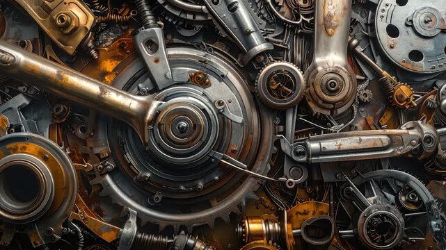 A close-up of intricate metal gears, screws, and tools, metallic textures