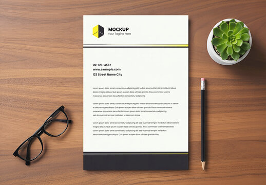 Realistic Letterhead Mockup on Wooden Table