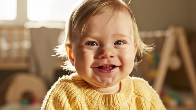 Blonde baby in yellow sweater