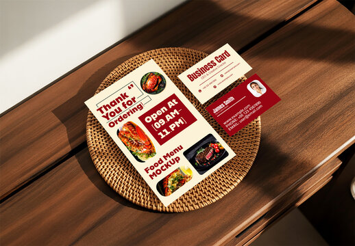 Restaurant Menu and Business Card Mockup on Wooden Table