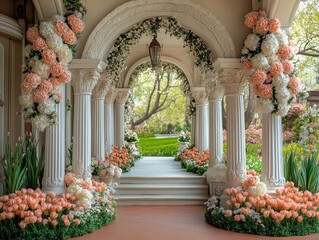 Fototapeta premium Elegant floral archway leads to a lush green garden backdrop. Great for wedding designs, invitations, or romantic concepts.