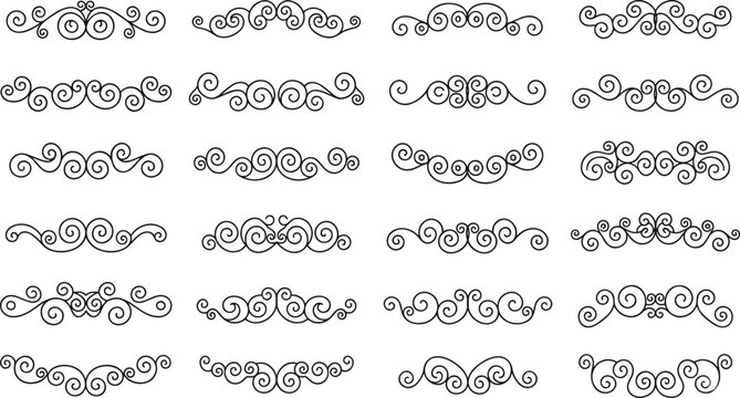 Minimalist black line vector set of vintage scroll dividers, flourishes, and elegant swirl ornaments.