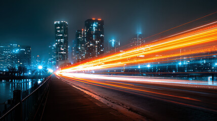 Obraz premium City Lights at Night: A captivating night scene, city lights forming luminous streaks against the backdrop of skyscrapers and a darkened skyline.