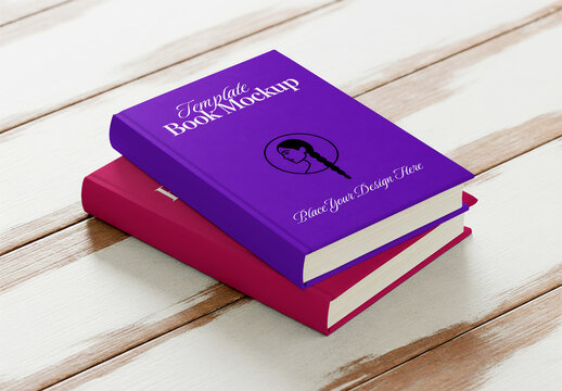 Two Hardcover Book Mockups Stacked on White Wooden Table
