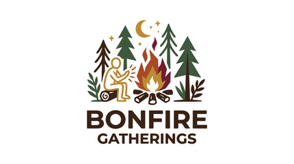 Obraz premium Bonfire Gatherings Logo with Person Trees and Moon