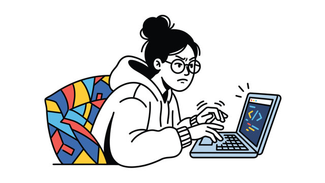 Focused Young Woman Coding on Laptop. Female Developer Working Remotely, Technology & Programming Illustration.