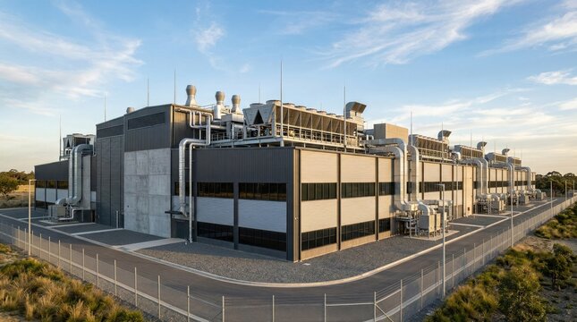 Modern industrial data center facility with cooling units and secure perimeter at sunset