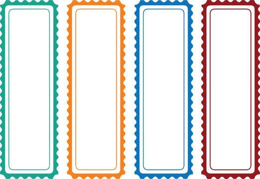  Four vertical rectangular frames with decorative jagged wavy borders in different colors green orange blue and red isolated on transparent checkered background for photo collage or album pages.