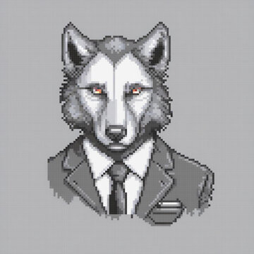 A pixel art image of a wolf wearing a suit and tie, with a red eye and a tie clip.