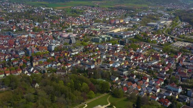 Aerial view of the old town and city Aalen in Germany on a sunny spring day 