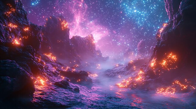 Celestial canyon under a cosmic sky, luminous astral ambiance and ethereal space