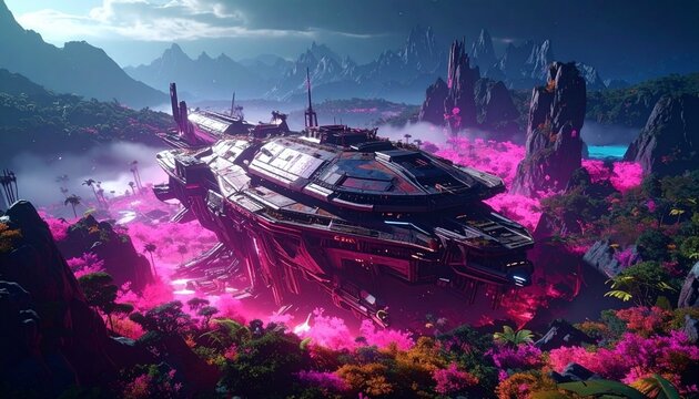 Spaceship Wreck Rusted in Desolate Alien Landscape Illuminated by Glowing Fireflies
