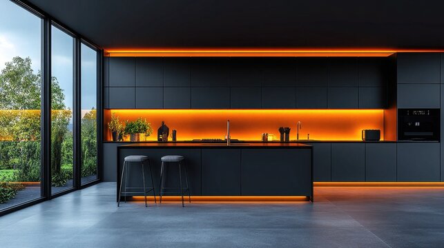 Modern kitchen with dark cabinets and orange LED lights. Ideal to showcase upscale interior design and home improvement ideas.