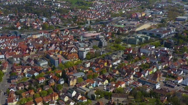 Aerial view of the old town and city Aalen in Germany on a sunny spring day 
