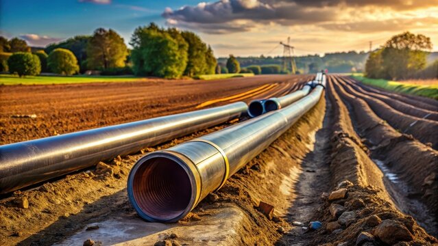 A photo of a gas pipeline construction crew laying new pipes in a field