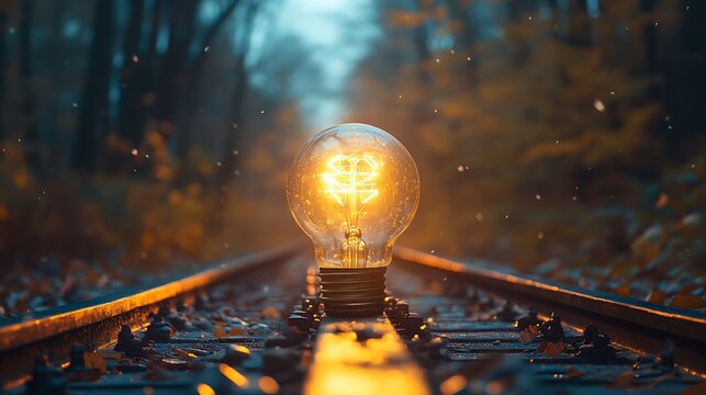 Enlightened path: A glowing bulb illuminating possibilities on railway tracks