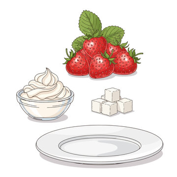 An illustration of strawberries, cream, sugar, and an empty plate