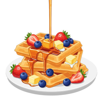 A delicious stack of waffles with fresh berries and syrup