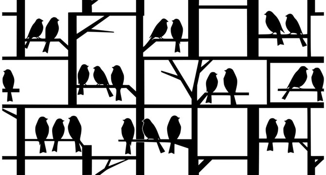 Modern geometric bird silhouette seamless pattern with abstract tree branches black white vector design